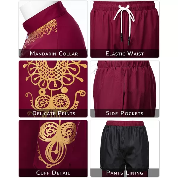 YND Mens 2 Piece African Dashiki Shirt and Pants Set Outfit with Gold PrintBurgundy With Gold