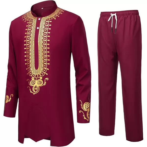 YND Mens 2 Piece African Dashiki Shirt and Pants Set Outfit with Gold PrintBurgundy With Gold