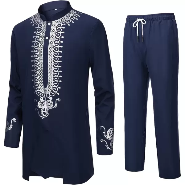 YND Mens 2 Piece African Dashiki Shirt and Pants Set Outfit with Gold PrintNavy With Silver