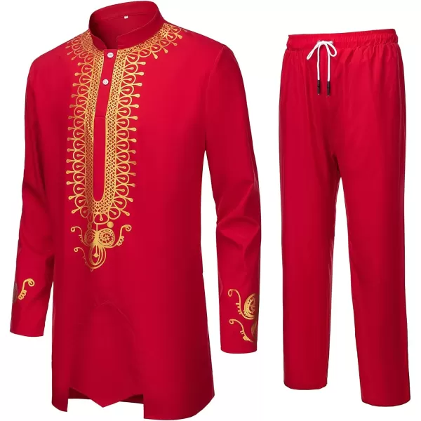 YND Mens 2 Piece African Dashiki Shirt and Pants Set Outfit with Gold PrintRed With Gold