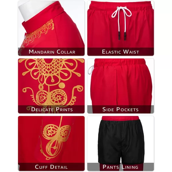 YND Mens 2 Piece African Dashiki Shirt and Pants Set Outfit with Gold PrintRed With Gold