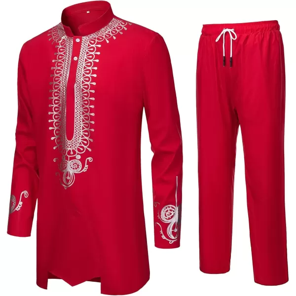 YND Mens 2 Piece African Dashiki Shirt and Pants Set Outfit with Gold PrintRed With Silver