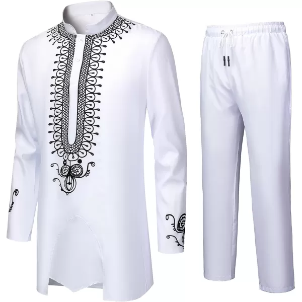 YND Mens 2 Piece African Dashiki Shirt and Pants Set Outfit with Gold PrintWhite With Black