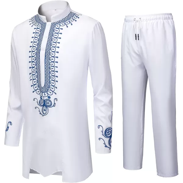 YND Mens 2 Piece African Dashiki Shirt and Pants Set Outfit with Gold PrintWhite With Blue