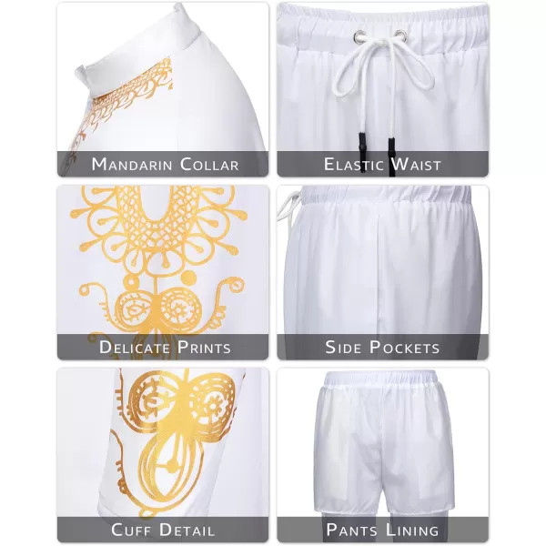 YND Mens 2 Piece African Dashiki Shirt and Pants Set Outfit with Gold PrintWhite With Gold