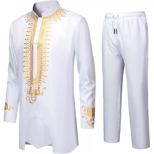 YND Mens 2 Piece African Dashiki Shirt and Pants Set Outfit with Gold PrintWhite With Gold