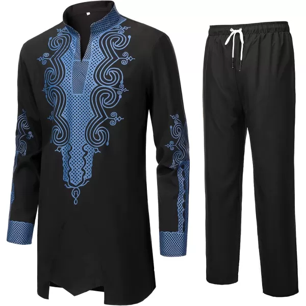 YND Mens 2 Piece Dashiki Set African Outfit and Pants Shirt with Gold PrintBlack With Blue