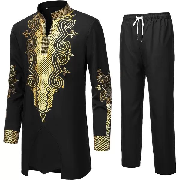 YND Mens 2 Piece Dashiki Set African Outfit and Pants Shirt with Gold PrintBlack With Gold