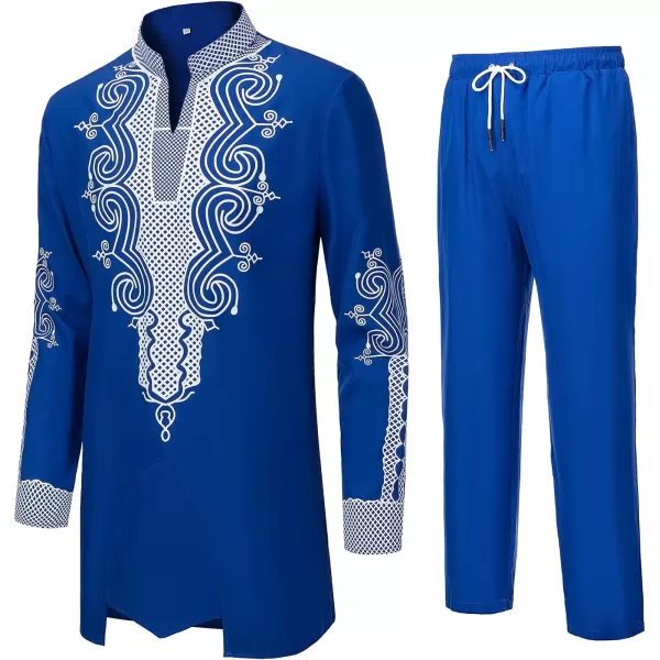 YND Mens 2 Piece Dashiki Set African Outfit and Pants Shirt with Gold PrintBlue With White