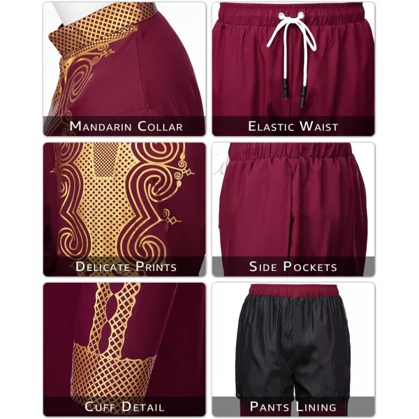 YND Mens 2 Piece Dashiki Set African Outfit and Pants Shirt with Gold PrintBurgundy With Gold