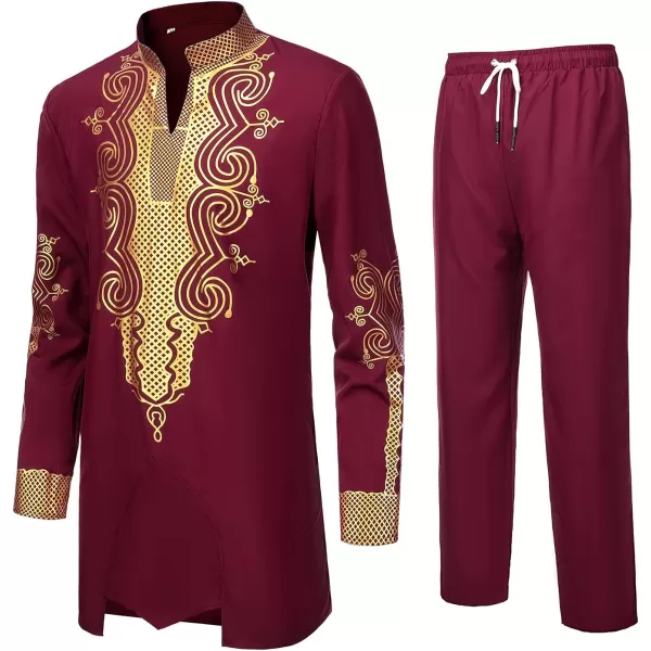 YND Mens 2 Piece Dashiki Set African Outfit and Pants Shirt with Gold PrintBurgundy With Gold