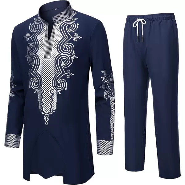 YND Mens 2 Piece Dashiki Set African Outfit and Pants Shirt with Gold PrintNavy With Silver