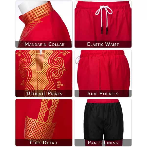 YND Mens 2 Piece Dashiki Set African Outfit and Pants Shirt with Gold PrintRed With Gold