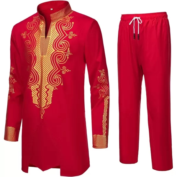 YND Mens 2 Piece Dashiki Set African Outfit and Pants Shirt with Gold PrintRed With Gold