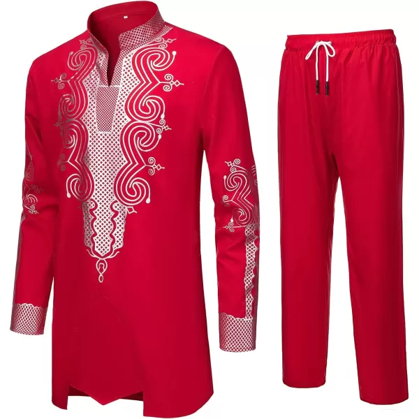 YND Mens 2 Piece Dashiki Set African Outfit and Pants Shirt with Gold PrintRed With Silver