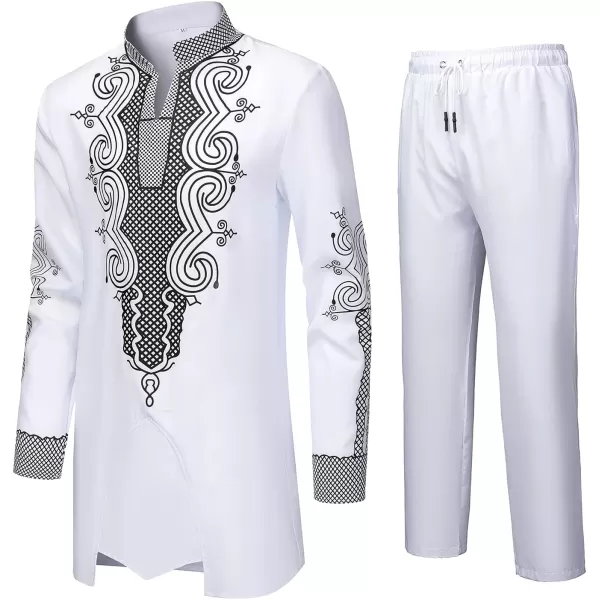 YND Mens 2 Piece Dashiki Set African Outfit and Pants Shirt with Gold PrintWhite With Black