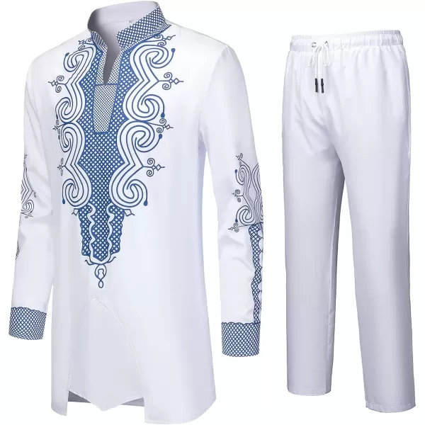 YND Mens 2 Piece Dashiki Set African Outfit and Pants Shirt with Gold PrintWhite With Blue