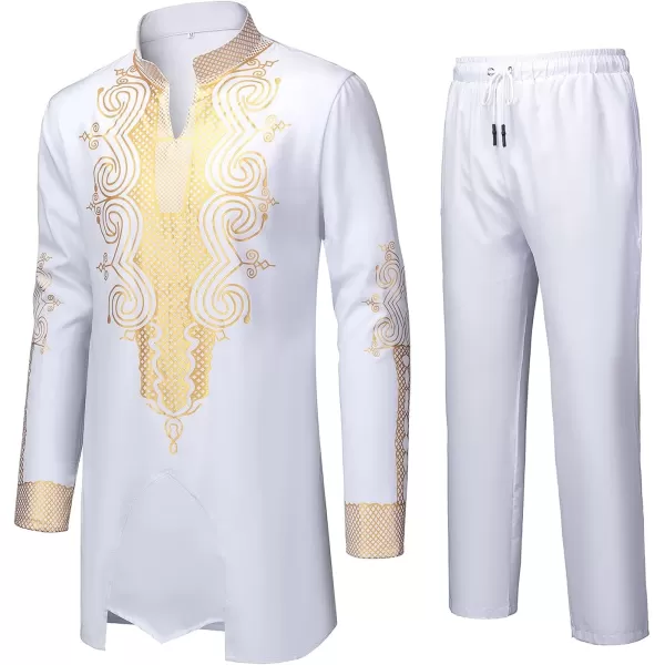 YND Mens 2 Piece Dashiki Set African Outfit and Pants Shirt with Gold PrintWhite With Gold