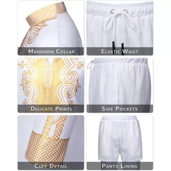 YND Mens 2 Piece Dashiki Set African Outfit and Pants Shirt with Gold PrintWhite With Gold