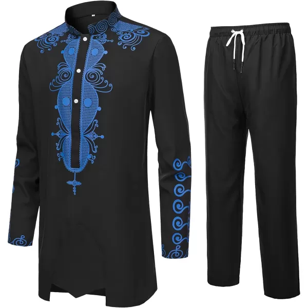 YND Mens 2 Piece Dashiki Set African Shirt and Pants Outfit with Gold PrintBlack With Blue