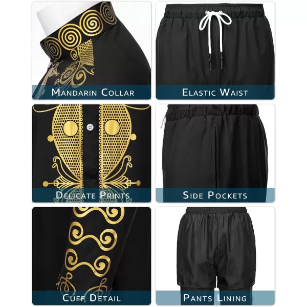 YND Mens 2 Piece Dashiki Set African Shirt and Pants Outfit with Gold PrintBlack With Gold