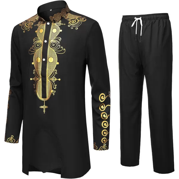 YND Mens 2 Piece Dashiki Set African Shirt and Pants Outfit with Gold PrintBlack With Gold