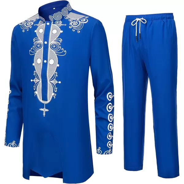 YND Mens 2 Piece Dashiki Set African Shirt and Pants Outfit with Gold PrintBlue With White