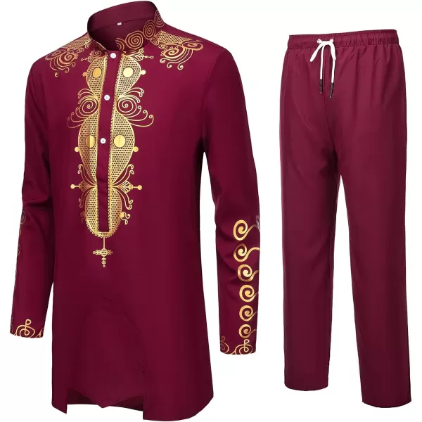 YND Mens 2 Piece Dashiki Set African Shirt and Pants Outfit with Gold PrintBurgundy With Gold