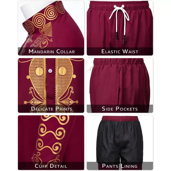 YND Mens 2 Piece Dashiki Set African Shirt and Pants Outfit with Gold PrintBurgundy With Gold