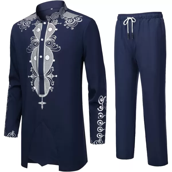 YND Mens 2 Piece Dashiki Set African Shirt and Pants Outfit with Gold PrintNavy With Silver