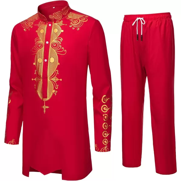 YND Mens 2 Piece Dashiki Set African Shirt and Pants Outfit with Gold PrintRed With Gold