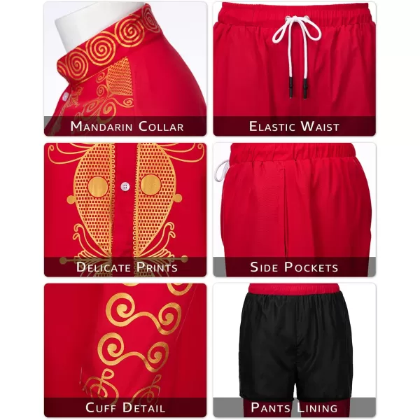 YND Mens 2 Piece Dashiki Set African Shirt and Pants Outfit with Gold PrintRed With Gold