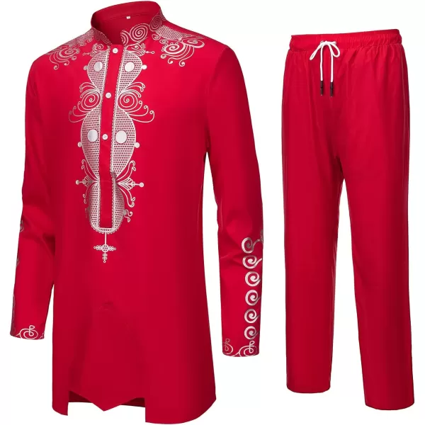 YND Mens 2 Piece Dashiki Set African Shirt and Pants Outfit with Gold PrintRed With Silver