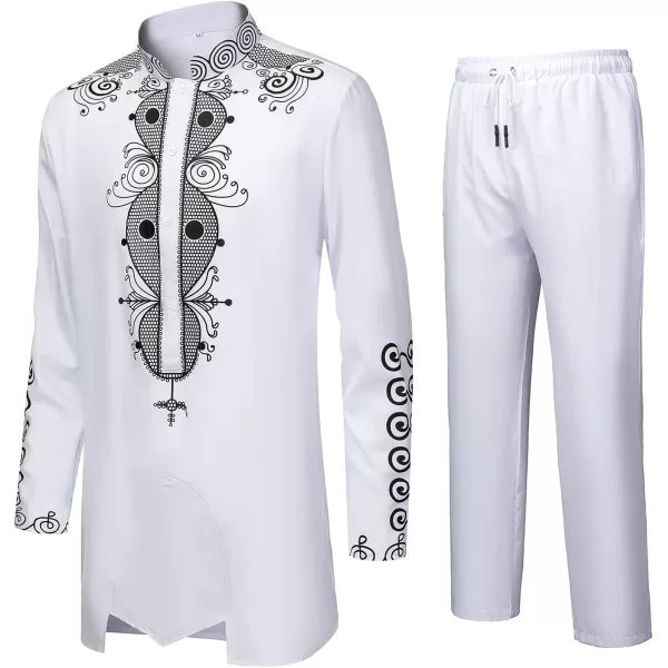 YND Mens 2 Piece Dashiki Set African Shirt and Pants Outfit with Gold PrintWhite With Black