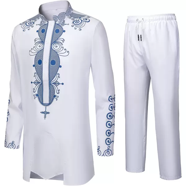 YND Mens 2 Piece Dashiki Set African Shirt and Pants Outfit with Gold PrintWhite With Blue