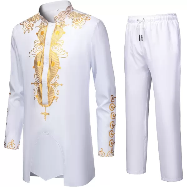 YND Mens 2 Piece Dashiki Set African Shirt and Pants Outfit with Gold PrintWhite With Gold