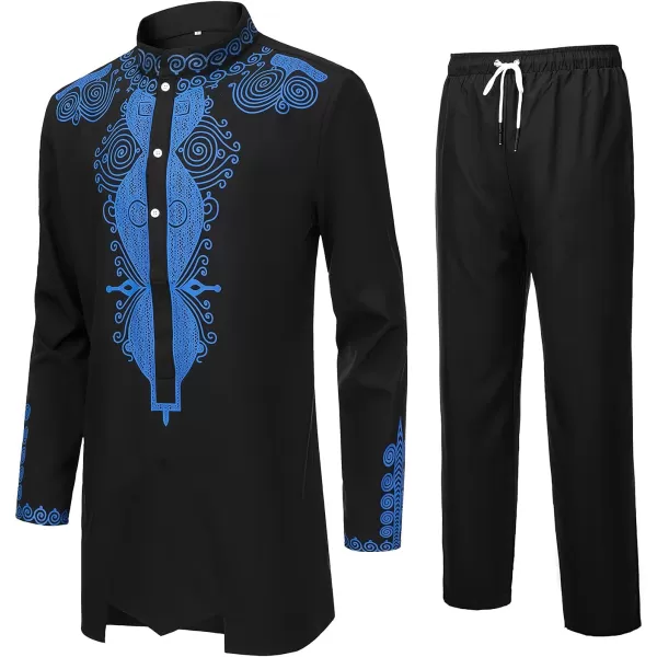 YND Mens 2 Piece Set African Dashiki Outfit and Pants Shirt with Gold PrintBlack With Blue