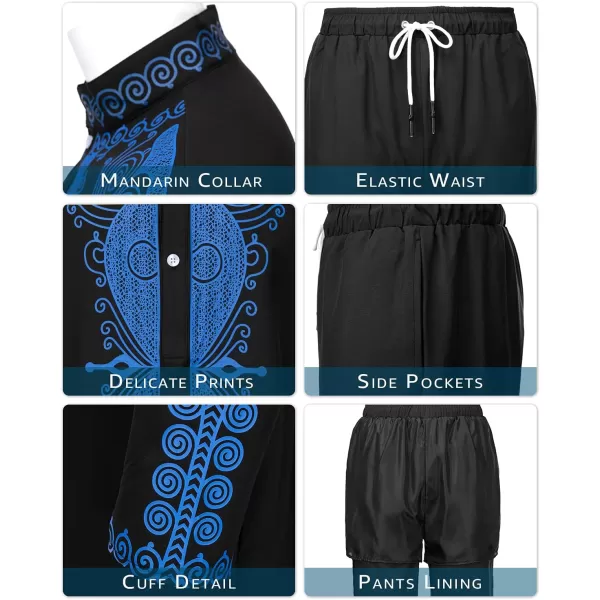 YND Mens 2 Piece Set African Dashiki Outfit and Pants Shirt with Gold PrintBlack With Blue