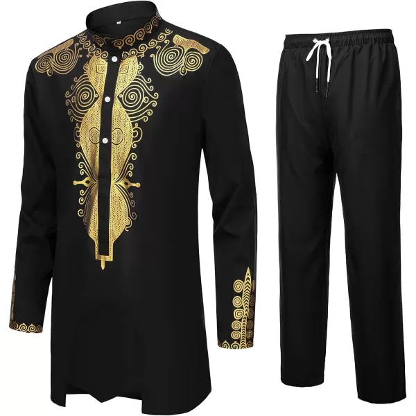 YND Mens 2 Piece Set African Dashiki Outfit and Pants Shirt with Gold PrintBlack With Gold