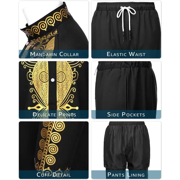 YND Mens 2 Piece Set African Dashiki Outfit and Pants Shirt with Gold PrintBlack With Gold