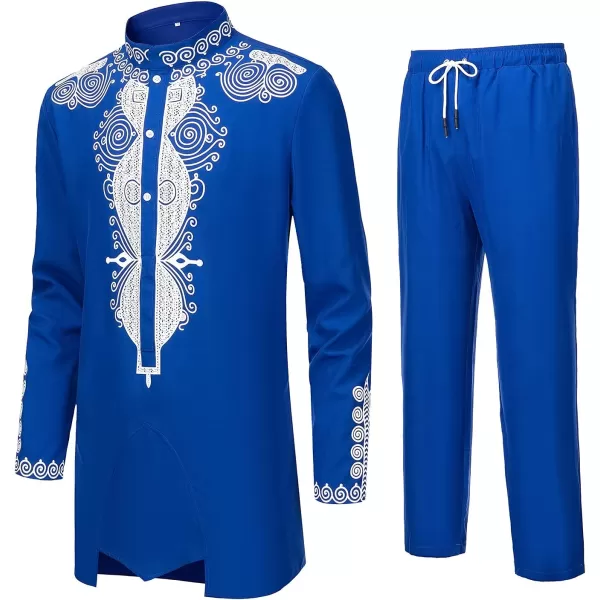 YND Mens 2 Piece Set African Dashiki Outfit and Pants Shirt with Gold PrintBlue With White