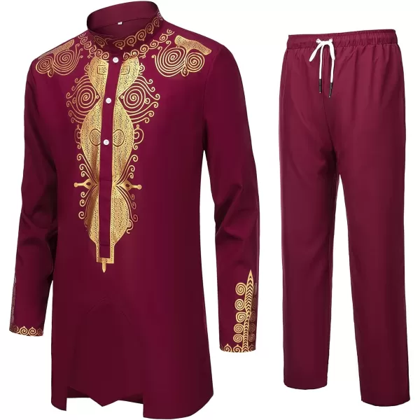 YND Mens 2 Piece Set African Dashiki Outfit and Pants Shirt with Gold PrintBurgundy With Gold