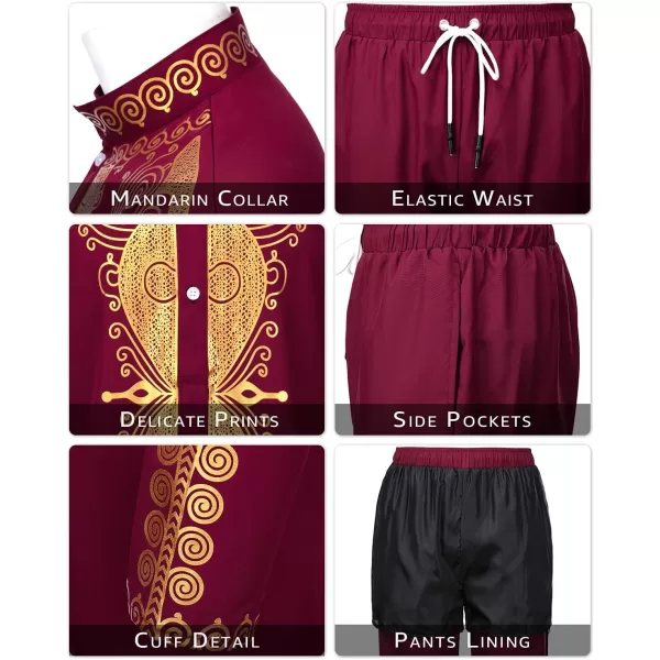 YND Mens 2 Piece Set African Dashiki Outfit and Pants Shirt with Gold PrintBurgundy With Gold