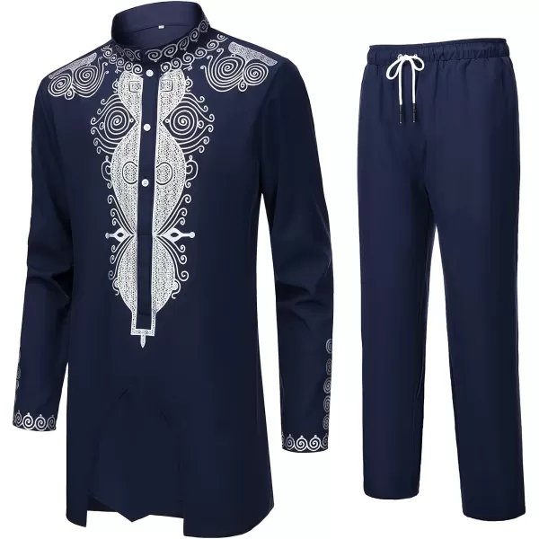 YND Mens 2 Piece Set African Dashiki Outfit and Pants Shirt with Gold PrintNavy With Silver