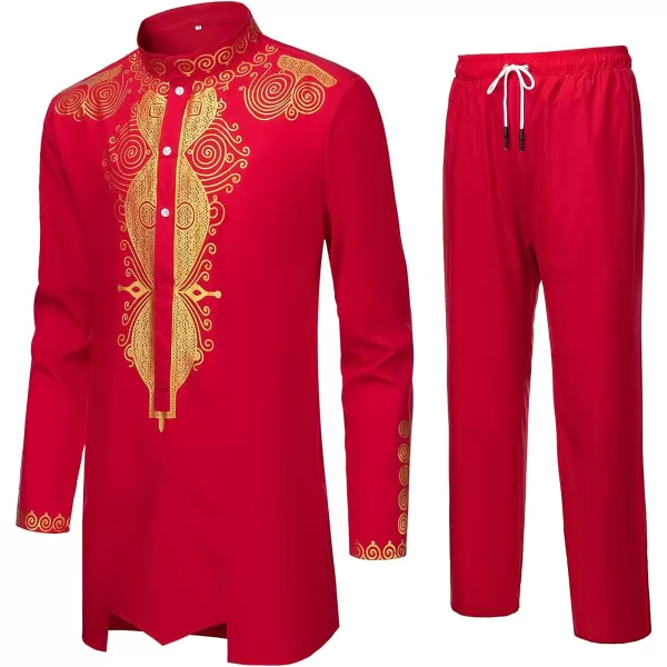 YND Mens 2 Piece Set African Dashiki Outfit and Pants Shirt with Gold PrintRed With Gold