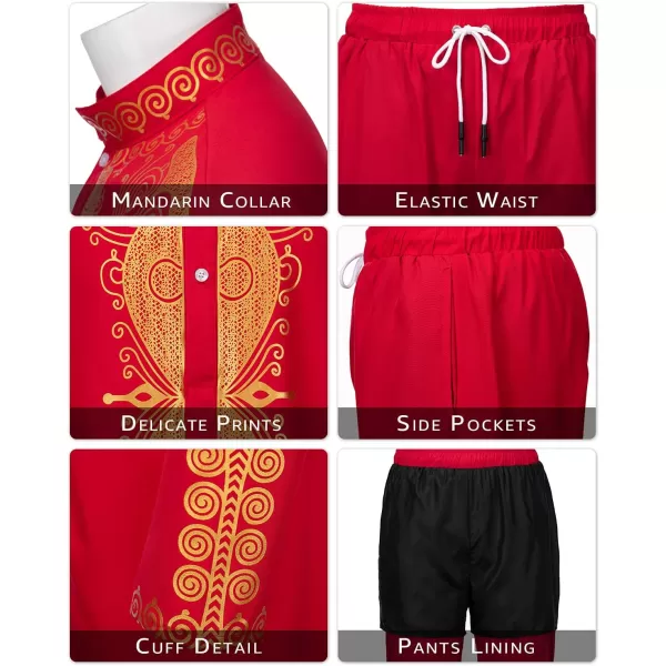 YND Mens 2 Piece Set African Dashiki Outfit and Pants Shirt with Gold PrintRed With Gold