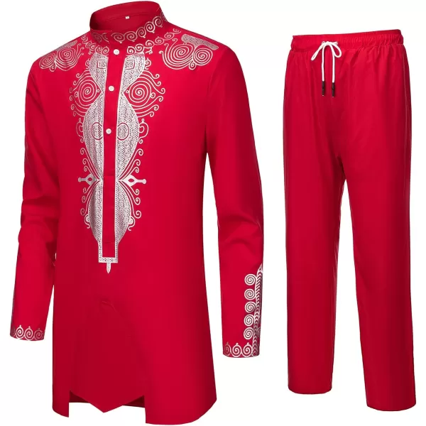 YND Mens 2 Piece Set African Dashiki Outfit and Pants Shirt with Gold PrintRed With Silver