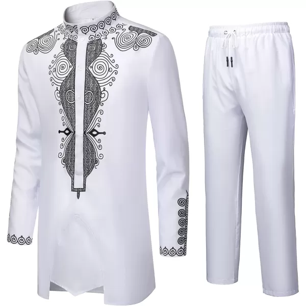 YND Mens 2 Piece Set African Dashiki Outfit and Pants Shirt with Gold PrintWhite With Black