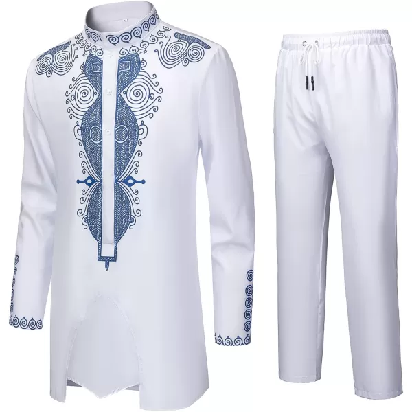 YND Mens 2 Piece Set African Dashiki Outfit and Pants Shirt with Gold PrintWhite With Blue