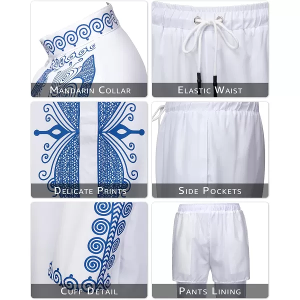 YND Mens 2 Piece Set African Dashiki Outfit and Pants Shirt with Gold PrintWhite With Blue